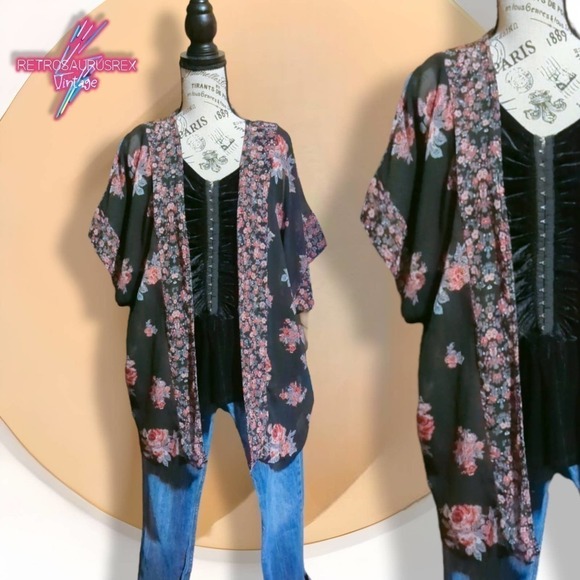 Maurices Witchy Black Floral Sheer Kimono Coverup, Medium - Picture 1 of 8